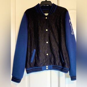 PINK Victoria's Secret Varsity Jacket Black Lace Navy Blue Women’s Sz L